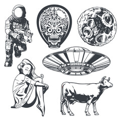 Isolated illustrations set: astronaut, sexy girl, ufo, cow, alien and planet