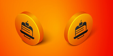 Isometric Piece of cake icon isolated on orange background. Happy Birthday. Orange circle button. Vector