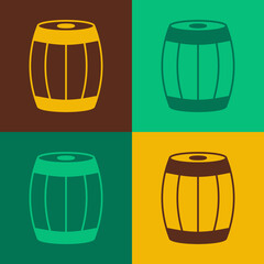 Pop art Wooden barrel icon isolated on color background. Alcohol barrel, drink container, wooden keg for beer, whiskey, wine. Vector