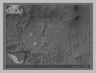 Morelos, Mexico. Grayscale. Labelled points of cities