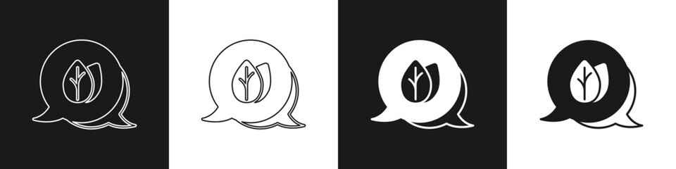 Set Leaf icon isolated on black and white background. Leaves sign. Fresh natural product symbol. Vector