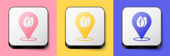 Isometric Location pin with leaf inside icon isolated on pink, yellow and blue background. Leaves sign. Fresh natural product symbol. Square button. Vector