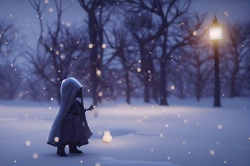 3D rendered computer generated image of a grim reaper in the winter snow. Natural snowy landscape with 3D character using modern animation style to look like photorealism. 