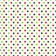 Seamless pattern of green and red dots in vertical lines. Christmas repeating decorative background. Watercolor hand drawn isolated elements on white background.