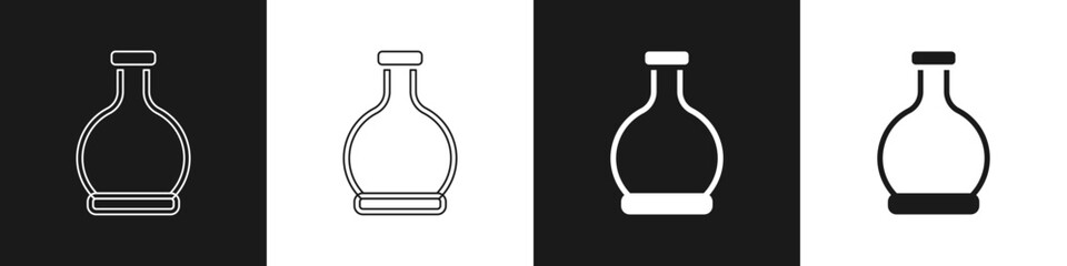 Set Bottle with potion icon isolated on black and white background. Flask with magic potion. Happy Halloween party. Vector