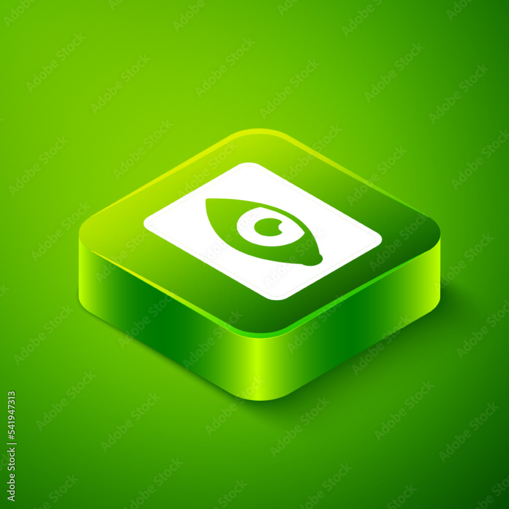 Sticker Isometric Red eye effect icon isolated on green background. Eye redness sign. Inflammatory disease of eyes. Green square button. Vector