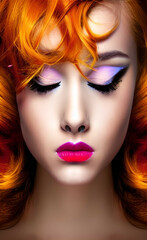 Portrait of a girl with creative makeup and hairstyle. Illustration. Created with the help of artificial intelligence