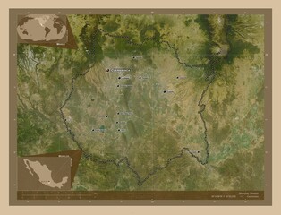 Morelos, Mexico. Low-res satellite. Labelled points of cities