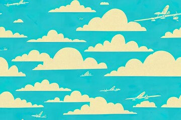 hand drawn seamless repeating children simple pattern with aircraft and clouds in Scandinavian style on a white background.Kids seamless pattern with planes. Funny airplanes