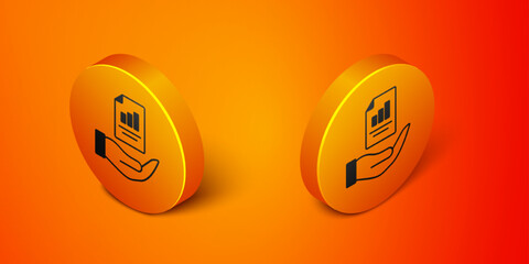 Isometric Contract in hand icon isolated on orange background. Insurance concept. Security, safety, protection, protect concept. Orange circle button. Vector