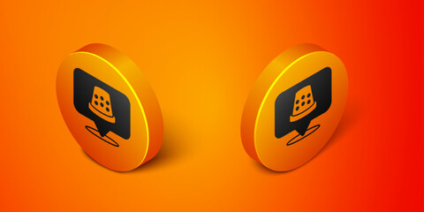 Isometric Thimble for sewing icon isolated on orange background. Orange circle button. Vector