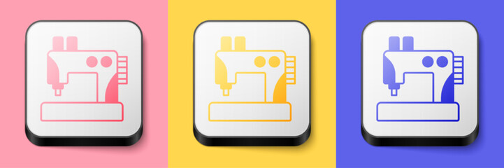 Isometric Sewing machine icon isolated on pink, yellow and blue background. Square button. Vector