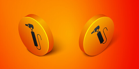 Isometric Tooth drill icon isolated on orange background. Dental handpiece for drilling and grinding tools. Orange circle button. Vector