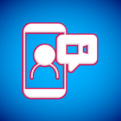 Fototapeta na wymiar White Video chat conference icon isolated on blue background. Online meeting work form home. Remote project management. Vector