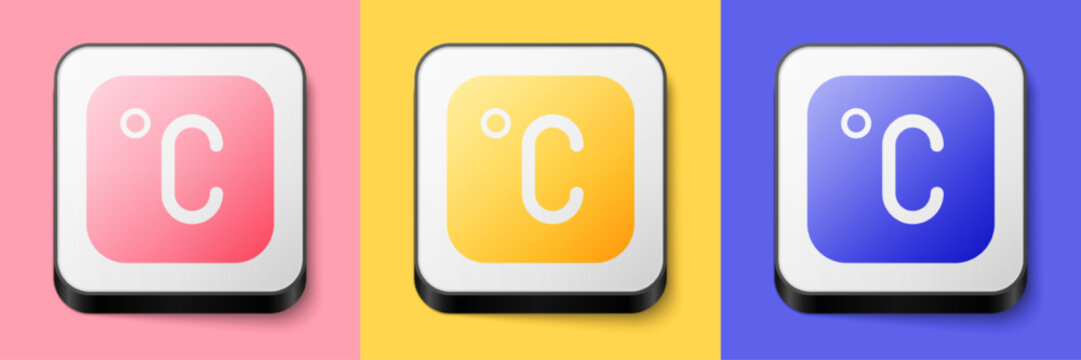 Isometric Celsius icon isolated on pink, yellow and blue background. Square button. Vector