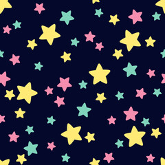 Seamless pattern with colorful stars on dark blue background.