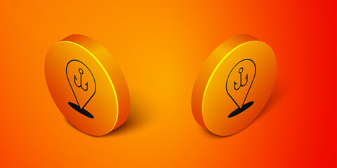 Isometric Fishing hook icon isolated on orange background. Fishing tackle. Orange circle button. Vector