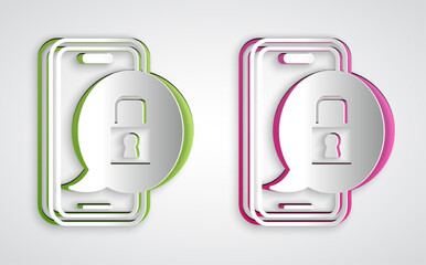 Paper cut Smartphone with closed padlock icon isolated on grey background. Phone with lock. Mobile security, safety, protection concept. Paper art style. Vector
