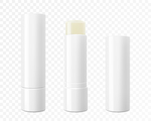 Tube of lip balm stick, hygienic lipstick packaging set, isolated Vector Mockup. Open and closed container. Template for Graphics, Cosmetic, Makeup Concept. Realistic 3d vector illustration - obrazy, fototapety, plakaty