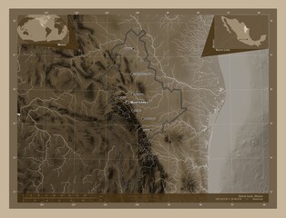 Nuevo Leon, Mexico. Sepia. Labelled points of cities