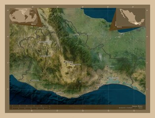 Oaxaca, Mexico. Low-res satellite. Labelled points of cities