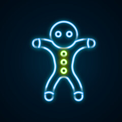 Glowing neon line Holiday gingerbread man cookie icon isolated on black background. Cookie in shape of man with icing. Colorful outline concept. Vector