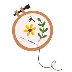 Handmade embroidery icon, doodle illustration of embroidery hoop and needle, floral picture on canvas, trendy needlework, isolated colored clipart on white background - obrazy, fototapety, plakaty