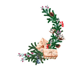 Obraz na płótnie Canvas Christmas wreath. Christmas composition fluffy fir branch with cones, berries, cotton, boxes with gifts. Hand drawn watercolor illustration isolated on white background for Christmas cards, banner.
