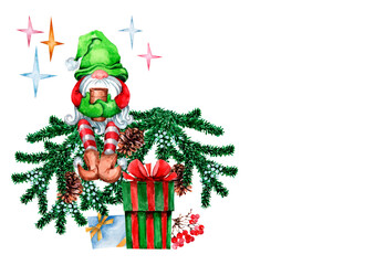 Christmas Scandinavian gnome with a mug in his hands, a green hat and striped socks. Fir branches, gift boxes. Hand drawn watercolor illustration on white background for cards, poster, banner, print.