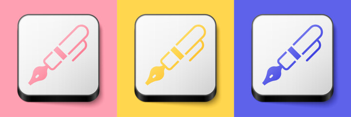 Isometric Fountain pen nib icon isolated on pink, yellow and blue background. Pen tool sign. Square button. Vector