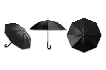 Blank black umbrella mockup front and side view isolated on white background. 3d rendering.