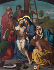 LUZERN, SWITZERLAND - JUNY 24, 2022: The painting of Deposition (Pieta) as part of Cross way stations in the church Franziskanerkirche from 19. cent.