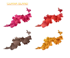 Set of vector polygonal maps of Guana Island. Bright gradient map of island in low poly style. Multicolored Guana Island map in geometric style for your infographics. Beautiful vector illustration.