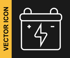 White line Car battery icon isolated on black background. Accumulator battery energy power and electricity accumulator battery. Vector