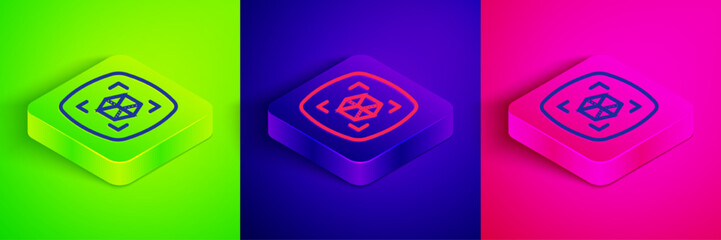Isometric line 3d modeling icon isolated on green, blue and pink background. Augmented reality or virtual reality. Square button. Vector