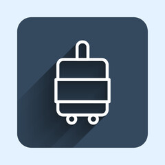White line Suitcase for travel icon isolated with long shadow background. Traveling baggage sign. Travel luggage icon. Blue square button. Vector