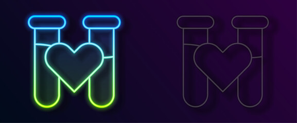 Glowing neon line Test tube or flask with blood icon isolated on black background. Laboratory, chemical, scientific glassware sign. Vector