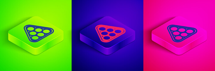 Isometric line Billiard balls in a rack triangle icon isolated on green, blue and pink background. Square button. Vector