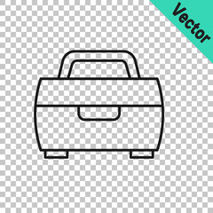 Black line Case or box container for wobbler and gear fishing equipment icon isolated on transparent background. Fishing tackle. Vector