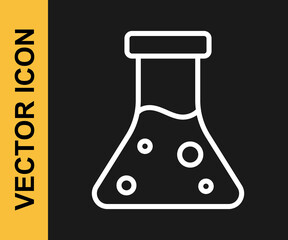 White line Oil petrol test tube icon isolated on black background. Cmemistry flask and falling drop. Vector