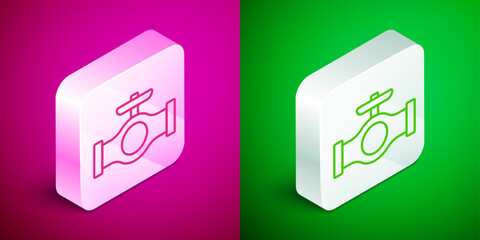 Isometric line Oil pipe with valve icon isolated on pink and green background. Silver square button. Vector