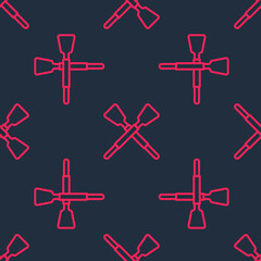 Obraz premium Red line Crossed oars or paddles boat icon isolated seamless pattern on black background. Vector
