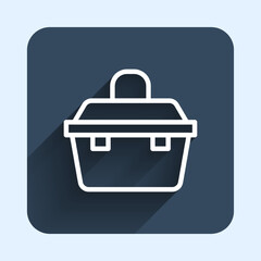 White line Case or box container for wobbler and gear fishing equipment icon isolated with long shadow background. Fishing tackle. Blue square button. Vector
