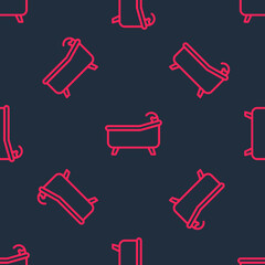 Red line Bathtub icon isolated seamless pattern on black background. Vector
