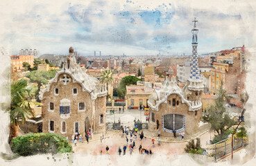 Park Guell designed by Antoni Gaudi in Barcelona, Spain in watercolor illustration style - obrazy, fototapety, plakaty