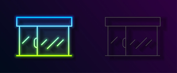 Glowing neon line Shopping building or market store icon isolated on black background. Shop construction. Vector