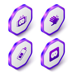 Set Isometric Tee plug electric, Electric glove, Battery charge and Electrical outlet icon. Purple hexagon button. Vector