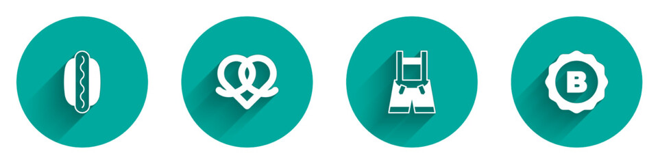 Set Hotdog sandwich, Pretzel, Lederhosen and Bottle cap icon with long shadow. Vector