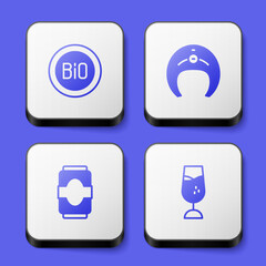 Set Banner for bio, Fish steak, Soda can and Wine glass icon. White square button. Vector