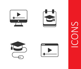Set Online play video, Graduation cap with mouse and education icon. Vector